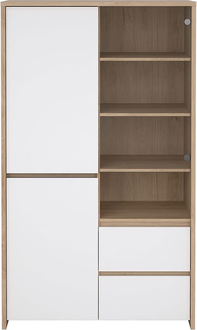 Next vitrinekast 3 deuren, 2 lades, 1 plank eiken decor, wit hoogglans.