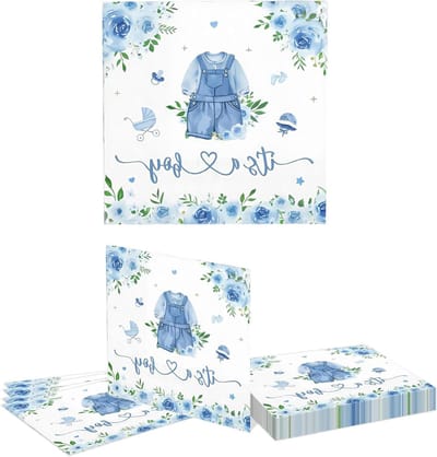 20 Stuks Baby Jongenskleding Servetten met Waterverf Blauwe Bloemen voor Baby Shower, Doop en Verjaardagen - 2 Laags en 33 cm, Perfect voor Tafelversiering en Feestjes