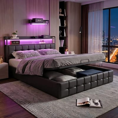 Opbergbed 160x200 cm – Zwart PU Tweepersoonsbed met LED-Verlichting en USB-Oplaadfunctie