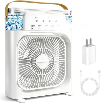 Draagbare airconditioner met ventilator, mini-verdampingskoeler met 5 sproeimondstukken, 3 windsnelheden, 3 timers, 7 kleuren LED-verlichting, 600 ml persoonlijke airconditioner/ventilator voor slaapkamer, kantoor en camping (wit)