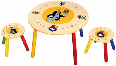 Houten kindertafel met 2 Krukjes met de kleine mol Little Mole kinder tafel met stoeltjes stoel kruk doorsnede 60 cm, hoogte 45 cm.