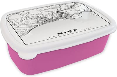 Broodtrommel Roze - Lunchbox - Brooddoos - Kaart - Nice - Plattegrond - Frankrijk - Stadskaart - Zwart wit - 18x12x6 cm - Kinderen - Meisje