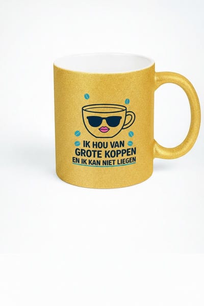 Gouden Glitter Koffiemok "Ik Hou Van Grote Koppen" - Cadeau Voor Koffieliefhebbers