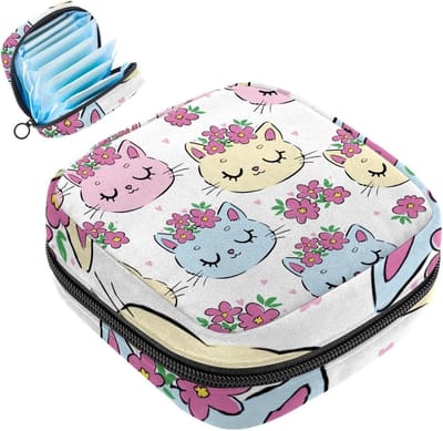 Periode Kit Tas voor Meisjes Vrouwen Dames, Leuke Cartoon Cat-22 Maandverband Verwijderingszakken, Grote Capaciteit Rits Menstruatie Pad Pouch