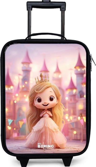 NoBoringSuitcases.com® - Kinderkoffer jongen - Kindertrolley meisje - Prinses - Roze - Kasteel - Koffer kind lichtgewicht - Reiskoffer trolley voor kinderen - Koffertje met lichtgevende wieltjes - Rolkoffer zwart