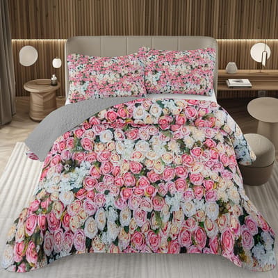 Ensemble de couvre-lit floral romantique pour filles adolescentes, couvre-lit botanique double, ensemble de couette fleur de jardin, ensemble de literie matelassé gris réversible US Twin 173x228cm
