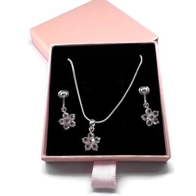Clip Oorbellen Kinderen - Verzilverde Ketting - Set - Glitterbloem - Roze - MNQ bijoux