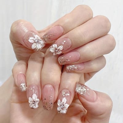24 Stuks Lange Ballerina Vorm Press-On Nagels, Kunstnagels Met Bloemen Decoratie, Volledige Cover Nagels Met Glitters Voor Vrouwen