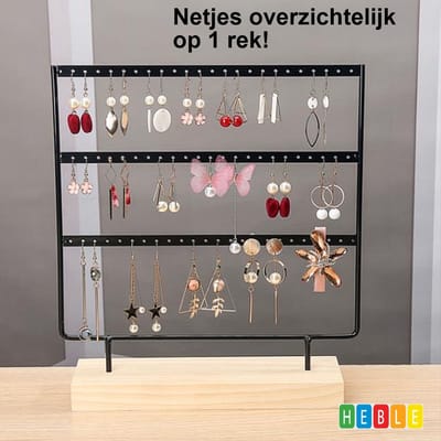 *** 3-Verdiepingen Houten Voet Oorbellenrek - Zwart - 66 Oorbellen - Sieraden Organizer Display - van Heble® ***