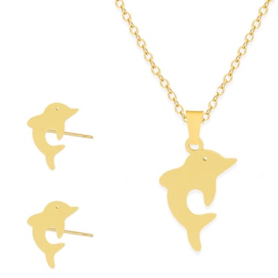 Cadeau Ketting & Oorbellen set met Dolfijnen - Roestvrij Staal - Goudkleurig - Cadeau Sieraad op Kaartje - Pax Amare