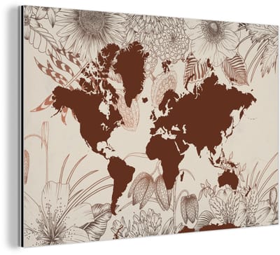 Aluminium schilderij 180x120 cm - Wanddecoratie metaal - Wereldkaart - Bloemen - Rood - Metalen muurdecoratie woonkamer - Decoratie industrieel - Foto op dibond - Industriële accessoires slaapkamer