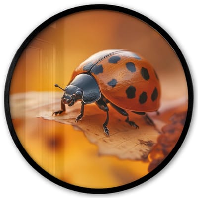 Poster in lijst Rond - Fotolijst 40x40 cm - Posters - Lieveheersbeestje - Herfst - Insect - Rood - Bladeren - Ronde posterlijst zwart - Decoratie - Wanddecoratie woonkamer - Muurdecoratie slaapkamer
