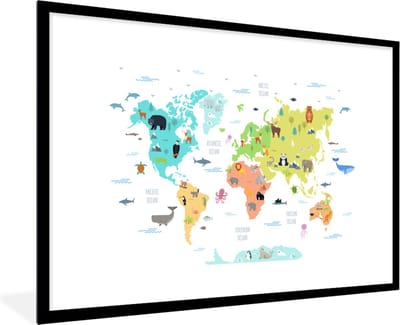 Poster in lijst - Fotolijst 120x80 cm - Posters - Wereldkaart - Dieren - Kinderen - Posterlijst zwart - Decoratie - Wanddecoratie woonkamer - Muurdecoratie slaapkamer