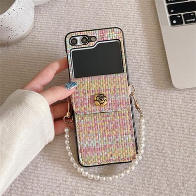 Luxe Geweven Textuur PU Leer Kaarthouder Polsband Telefoonhoesje Voor Samsung Galaxy Z Flip 6 5 4 3 Flip6 Flip5 Flip4 Flip3 5G Galaxy Z Flip 6