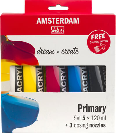 Bruynzeel Amsterdam Standard Series Acrylic Paint Primary Set 120ml 5pcs. + 3 Dosing Spouts