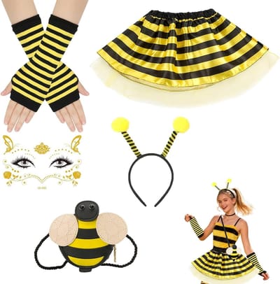 Complete Bijenkostuum Set voor Volwassenen en Kinderen – Inclusief Hoofdband, Stickers, Kostuum, Tas en Polsbanden – Perfect voor Feestjes en Thema-evenementen