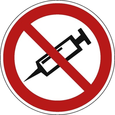 Verboden om injectie te plaatsen sticker 100 mm