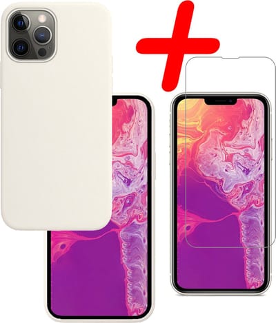 Hoesje Met Screenprotector - Geschikt voor Apple iPhone 14 Pro - Sterk & Shockproof - Back Cover - Siliconen Case - Telefoon Hoes - Wit