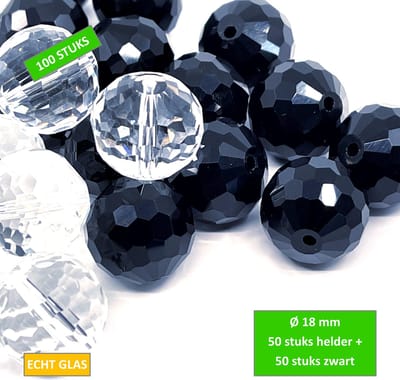 TQ4U Glaskralen - Helder & Zwart - Facetgeslepen - Ø 18 mm - 50 + 50 stuks