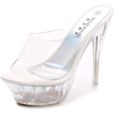 Vrouwen Zomer 14cm Hoge Hakken 4cm Platform Slides Mules Lady Cinderella Kristal Transparante Slippers Transparante Hakken Pvc Schoenen 38 wit
