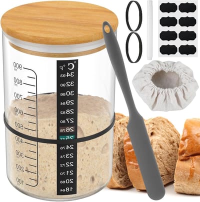 Complete Set voor het Maken van Zuurdesem met Glazen Deksel, Houten Accessoires en Thermometer voor Perfecte Broden en Desserts