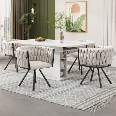 MODFU - Eetkamerstoelenset - Draaibaar - Ergonomisch - Modern - Metaal - Zwart En Linnen