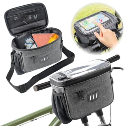 Fietsstuurtas 5L waterdicht met telefoonhouder en schouderriem - linnengrijs
