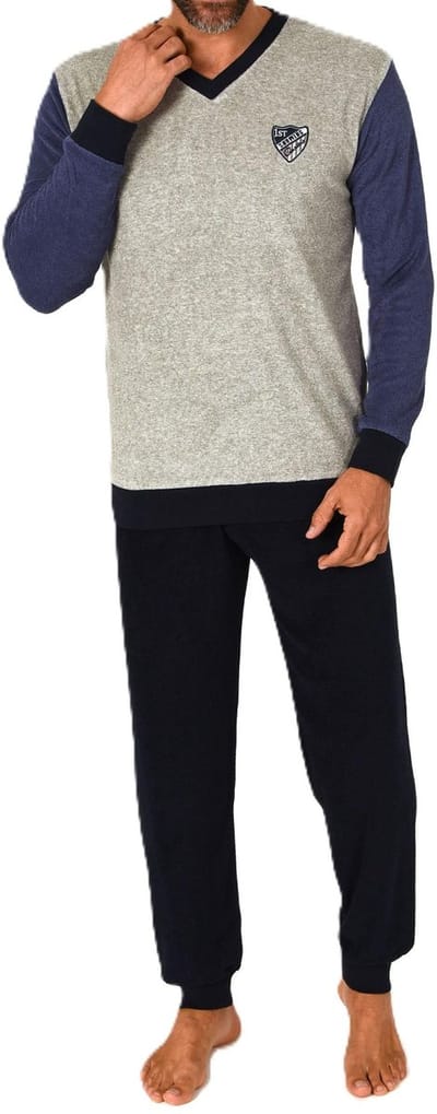 Elegante herenpyjama van badstof, pyjama met V-hals en manchetten op maat. 62