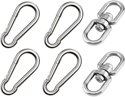 RVS Draaihaak Set van 2 met 4 Karabijnhaken - 360 Graden Rotatie voor Hangstoelen en Grills