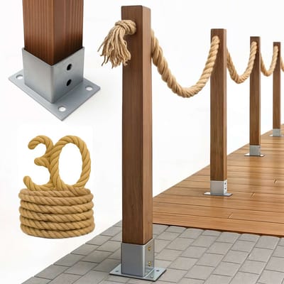 BOGATECO Houten schutting met jute touw | Zeilhek 30 m | 13 verschillende lengtes | Montageset inbegrepen Grondhuls met ankerplaat