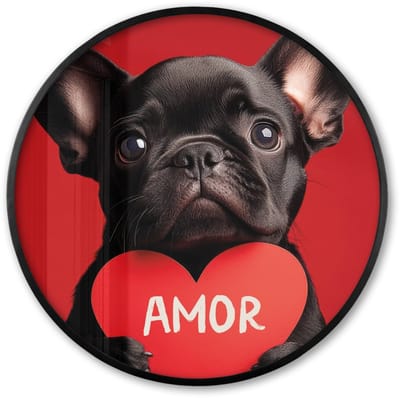 Poster in lijst Rond - Fotolijst 60x60 cm - Posters - Amor - Hond - Hartje - Rood - Ronde posterlijst zwart - Decoratie - Wanddecoratie woonkamer - Muurdecoratie slaapkamer
