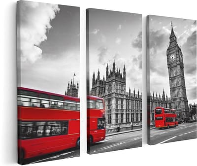 Artaza Canvas Schilderij Drieluik Rode Bussen in Londen - Retro - 120x80 - Foto Op Canvas - Canvas Print