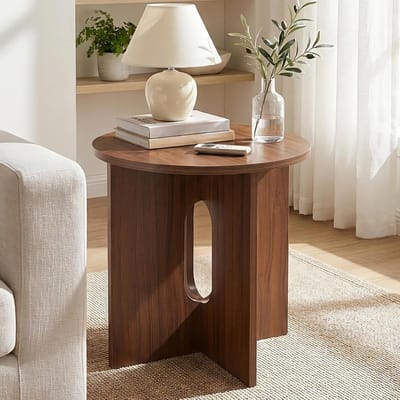 Ronde bijzettafel - Houten accenttafel - Woonkamer decoratie - Gekruiste pootconstructie - 50x50x50 cm - Walnoot