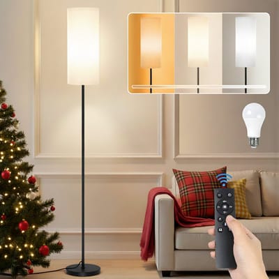 Rosnek 12W Staande Lamp Woonkamer met Afstandsbediening, E27 Lamp, Moderne Dimbare LED Vloerlamp, 3 Kleurtemperaturen, Linnen Lampenkap, Voetschakelaar, Staande Lamp Dimbaar - Leslamp voor Slaapkamer Kantoor