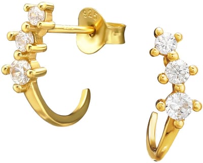 Joy|S - Zilveren fantasie oorringen stud - zirkonia - 13 mm / 3 mm - licht gebogen - gold plated