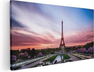 Artaza Canvas Schilderij Eiffeltoren - 40x20 cm - Klein - Wanddecoratie Parijs - Muurdecoratie Zonsondergang - Schilderijen Op Canvas Frankrijk