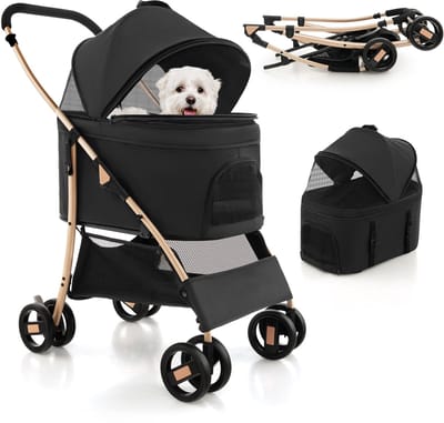 COSTWAY 3-in-1 hondenwagen, opvouwbare hondenbuggy, tot 15 kg, huisdierwagen met netvenster, verstelbare luifel, afneembare drager en mand, huisdierbuggy voor kleine honden en katten, zwart