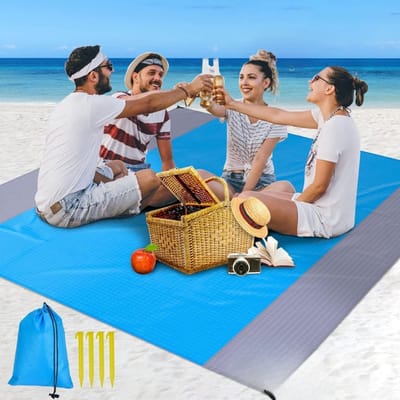 Famanu – Stranddeken - zandbestendig - grote picknickdeken - waterdicht - 200 x 230 cm - voor 4-8 volwassenen - strandmat - zandvrij - waterdicht voor kamperen - wandelen - strand - picknick (blauw/grijs - 230 x 200