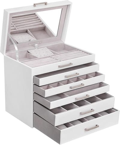 Conway Living® - Sieradendoos - Juwelendoos - met 6 niveaus en 5 lades - spiegel - wit