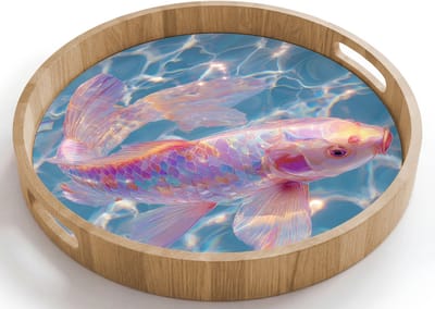 Dienblad rond 40x40 cm - Schootdienblad hout - Vis - Water - Blauw - Licht - Borrelplank rechthoek - Plateau houten dienbladen