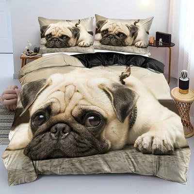 Moderne Schattige Dekbedovertrek Set 3D Schattige Mopshond Print Wasbare Polyester Beddengoed Set Zachte Comfortabele Dekbedovertrek Voor Slaapkamer Gastenkamer 140X210cm