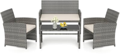 KOMFOTTEU 4-delige tuinset, buitenmeubelen van PP-rotan voor balkon met salontafel van gehard glas, 2-zitsbank, 2 fauteuils, kussens, balkonbank voor terras, balkon, tuin