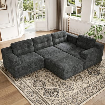 Moderne Hoekbank, L-Bank, U-Bank, 5-Zitsbank, Modulaire Combinatiebank, Flexibel Te Configureren Als L-Vorm Of U-Vorm, Frameloze Constructie Van Schuim, Geen Montage Nodig, Chenille Bekleding-Grijs