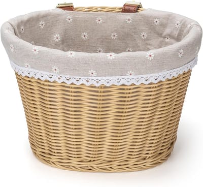 Vintage Rotan-look Fietsmand met Bloemenvoering en Kant – Stijlvolle Kunstrotan Fietsmand met Leren Bevestigingsriemen