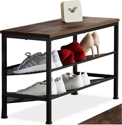 tectake® Smal schoenenrek met zitje - 3 niveaus van 1 zitje en 2 roosterplanken - Schoenenbank van hout en metaal - Industrieel design - Zwart metalen frame - Afmeting (LxBxH) 75,5 x 30,5 x 45,5 cm - Donkerbruin