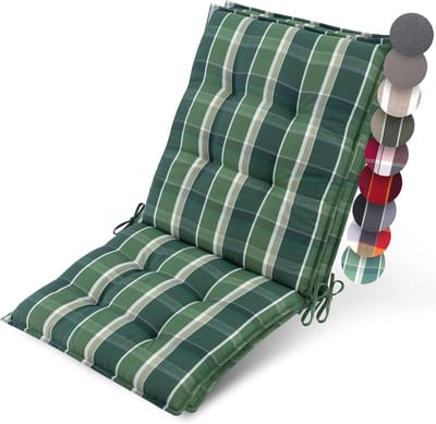 Set van 2 Premium Lage Rugkussens 100x50cm voor Tuinstoelen - UV-bestendig & 8cm Dikte - Antislip Bevestigingsbanden - Groene Ruit