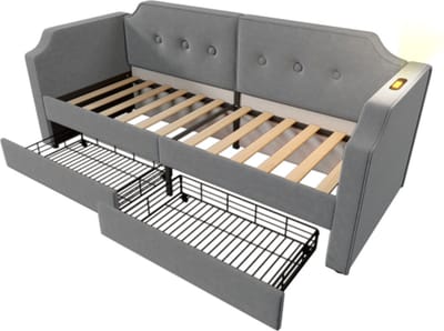 Gotagee Gestoffeerd bed 90x200cm kinderbed (zonder matras) fluweel grijs jeugdbed slaapbank dagbed met USB type C leeslamp met opbergladen