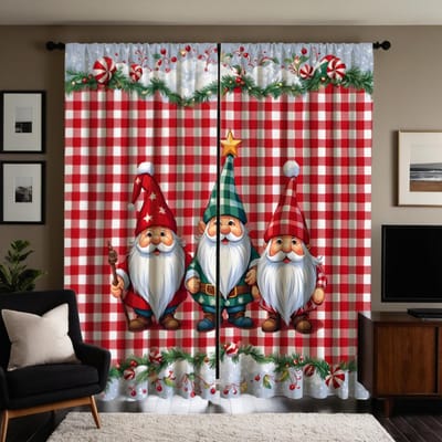 2 stuks HD Rood en wit geruit Kerst dwerg gordijn Groen rood lint digitaal bedrukt gordijn Woondecoratie stijl Versier livi W52H63inchW132H160cm red