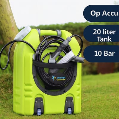 Aqua2go GD86 Mobiele Hogedrukreiniger Accu - Draadloze Hogedrukspuit 20 liter Tank 3-10 Bar voor onderweg - Terrasreiniger - Op Mountainbike MTB Fiets Auto Camping Caravan