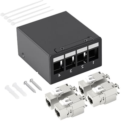 CAT 7 Patch Panel 4 Poorten, Geïntegreerde Distributor met 4 x Afgeschermde RJ45, 10Gbps Netwerkoplossing voor CAT6, CAT6a en CAT7 Kabels, Ideaal voor Thuis en Kantoor